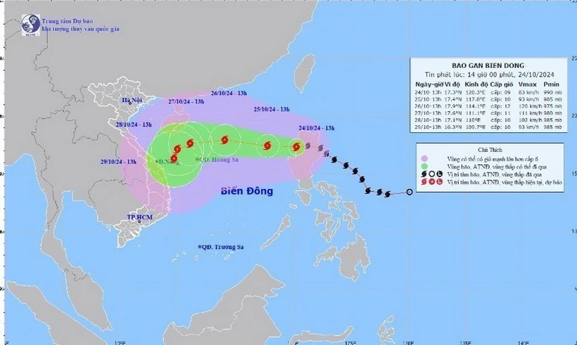 Hướng di chuyển của bão Trami. (Ảnh: TTXVN phát)