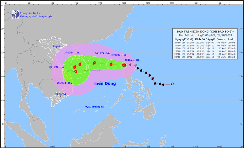 Hướng đi của bão TRAMI. Ảnh: TTKKTVQG cập nhật lúc 17h ngày 24-10.