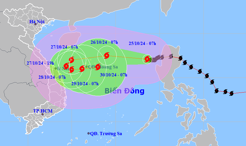 Bản đồ dự báo quỹ đạo bão số 6 sáng 25-10-2024 (Nguồn: Trung tâm dự báo khí tượng thủy văn quốc gia).