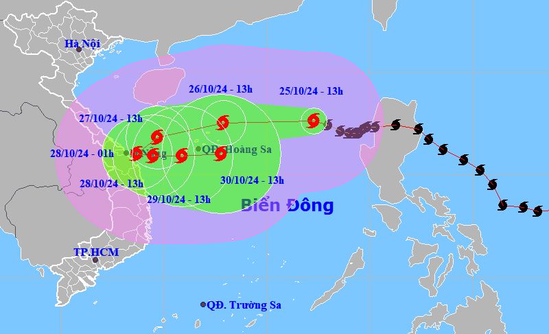 Bản đồ dự báo quỹ đạo bão số 6 chiều 25-10-2024 (Nguồn: Trung tâm dự báo khí tượng thủy văn quốc gia).