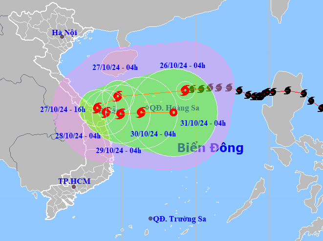 Bản đồ dự báo quỹ đạo bão số 6 vào sáng 26-10-2024 (Nguồn: Trung tâm dự báo khí tượng thủy văn quốc gia).