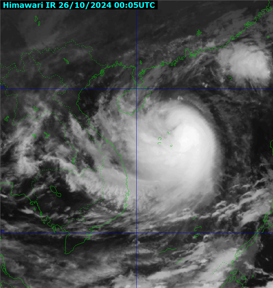 Hình ảnh chụp vùng mây của bão số 6 từ vệ tinh Himawari IR lúc 7 giờ ngày 26-10-2024. (Nguồn: Trung tâm dự báo khí tượng thủy văn quốc gia).