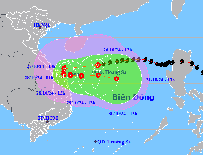 Bản đồ dự báo quỹ đạo bão số 6 chiều 26-10-2024 (Nguồn: Trung tâm dự báo khí tượng thủy văn quốc gia).