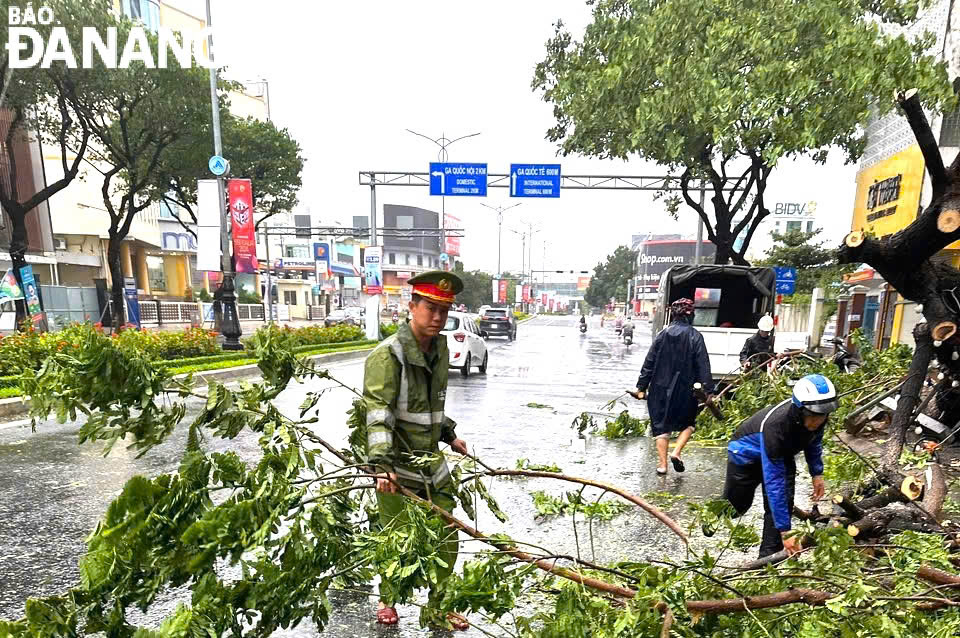 ông an quận Thanh Khê xử lý cây ngã vào sáng 27-10 nhằm bảo đảm an toàn giao thông trên địa bàn.