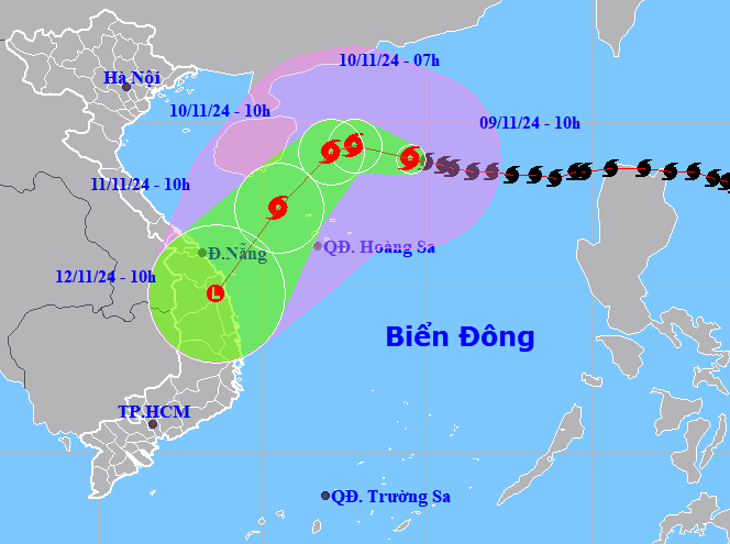 Bản đồ dự báo quỹ đạo bão số 7 vào trưa 9-11-2024 (Nguồn: Trung tâm dự báo khí tượng thủy văn quốc gia).