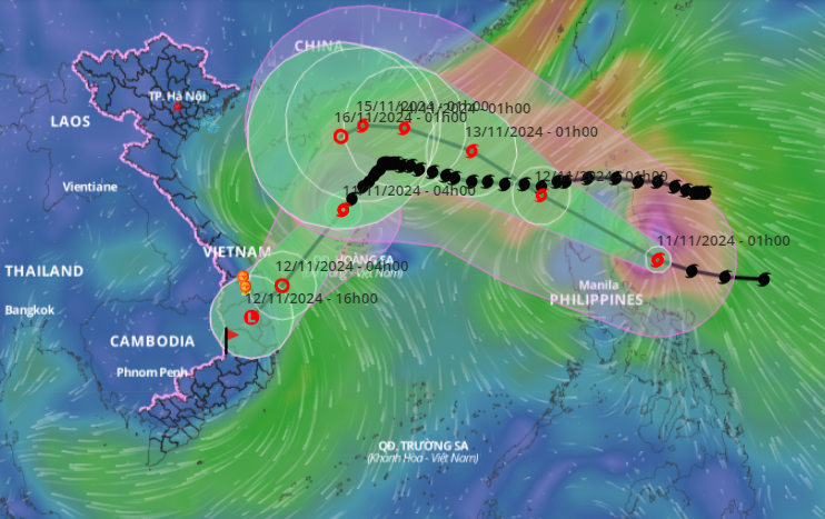 Bản đồ dự báo quỹ đạo bão số 7 và bão Bão Toraji vào sáng 11-11-2024 (Nguồn: Hệ thống giám sát thiên tai Việt Nam).