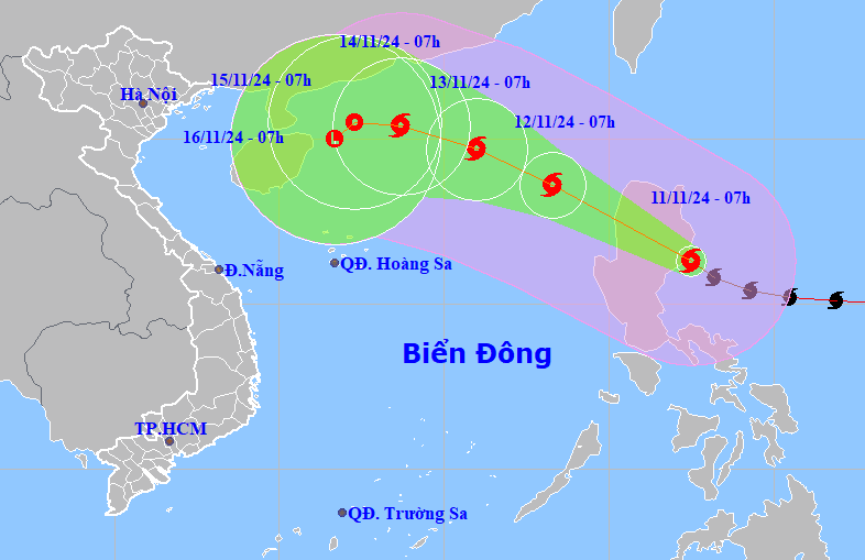 Bản đồ dự báo quỹ đạo bão Toraji vào sáng 11-11-2024 (Nguồn: Trung tâm dự báo khí tượng thủy văn quốc gia).