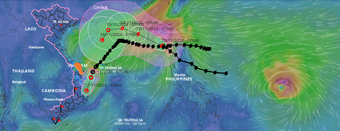 A map showing the direction and location of a tropical depression weakening from typhoon Yinxing, the seventh storm to affect the maritime area; typhoon No.8 called Toraji; and a new typhoon forming off the Philippines. Source: Vietnam Natural Disaster Monitoring System