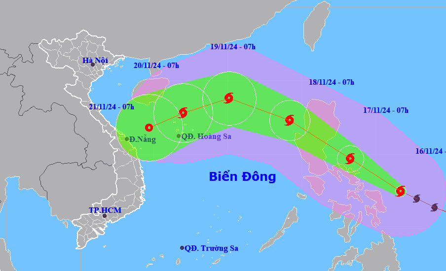 Bản đồ dự báo quỹ đạo bão Man-Yi vào sáng 16-11-2024 (Nguồn: Trung tâm dự báo khí tượng thủy văn quốc gia).