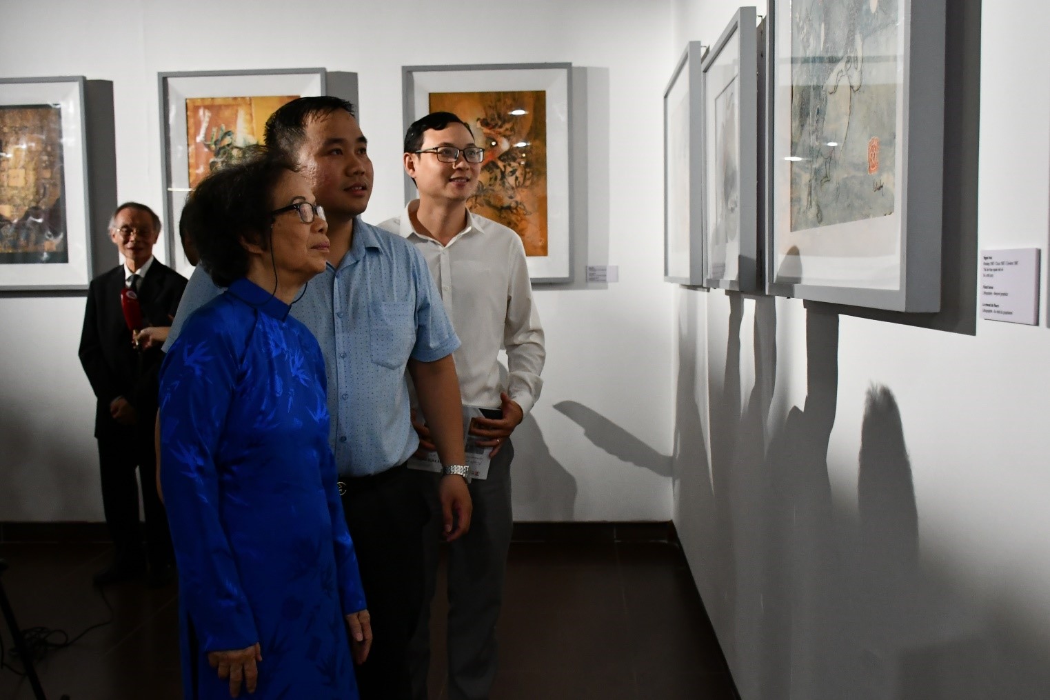 Mrs. Thuy Khue looks at Le Ba Dang’s paintings on display at Da Nang Fine Arts Museum. Photo: T.Y.