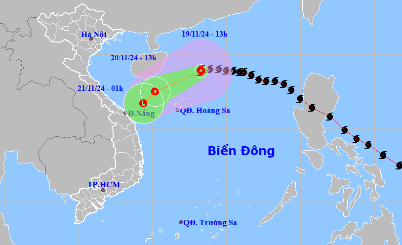 Bản đồ dự báo quỹ đạo bão số 9 chiều 19-11-2024 (Nguồn: Trung tâm dự báo khí tượng thủy văn quốc gia).