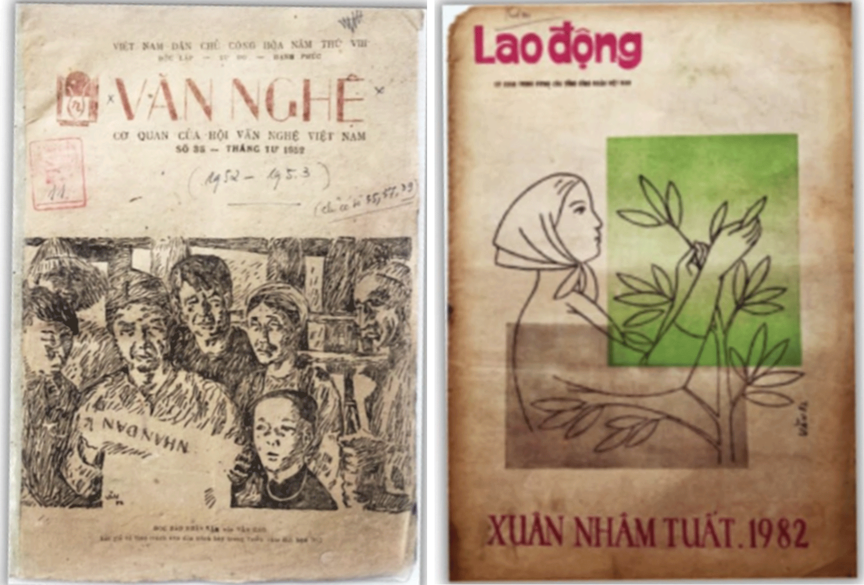 Tờ báo Văn Nghệ do nhạc sĩ - họa sĩ Văn Cao trình bày và bìa Báo Lao Động Xuân Nhâm Tuất 1982 do nhạc sĩ - họa sĩ Văn Cao thực hiện. Ảnh: Q.L