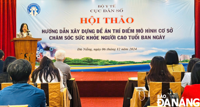 Bà Hoàng Thị Thơm, Phó Cục trưởng Cục Dân số, Bộ Y tế phát biểu tại hội thảo.