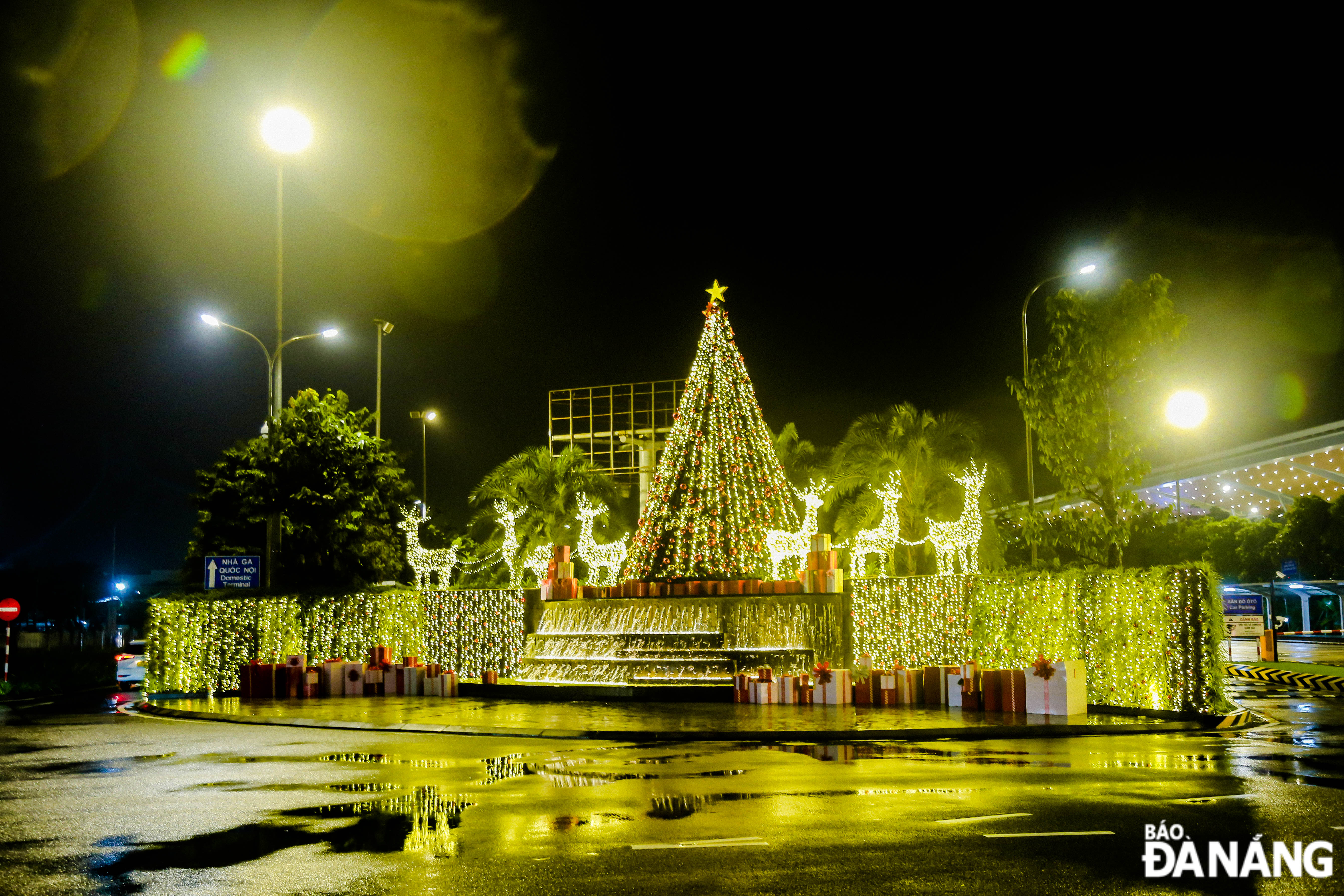 The international terminal T2 is lit up with Christmas trees, reindeers, and colourful Christmas gift bags