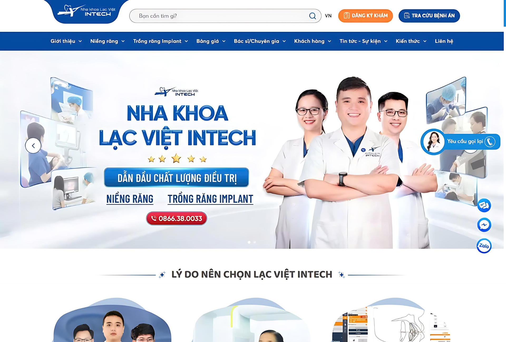 Website mới của Nha khoa Lạc Việt Intech được thiết kế với tông màu xanh dương chủ đạo, thể hiện ý nghĩa các giá trị cốt lõi của đơn vị.