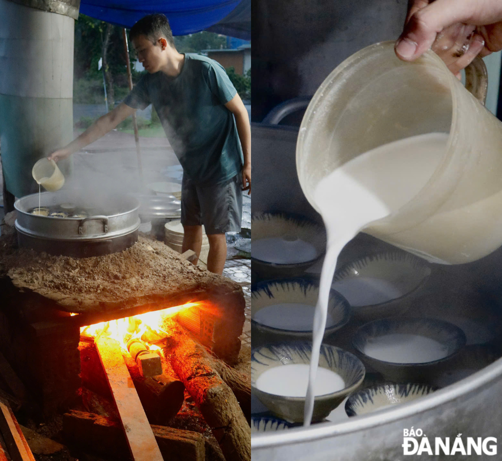 For an afternoon snack, head to the firewood-steamed banh beo eatery on Vo Van Ngan Street, Hoa Xuan Ward, Cam Le District. The dish gets its name from the preparation method—steamed directly over firewood, keeping the dish warm and fragrant with a distinct rice flour aroma.