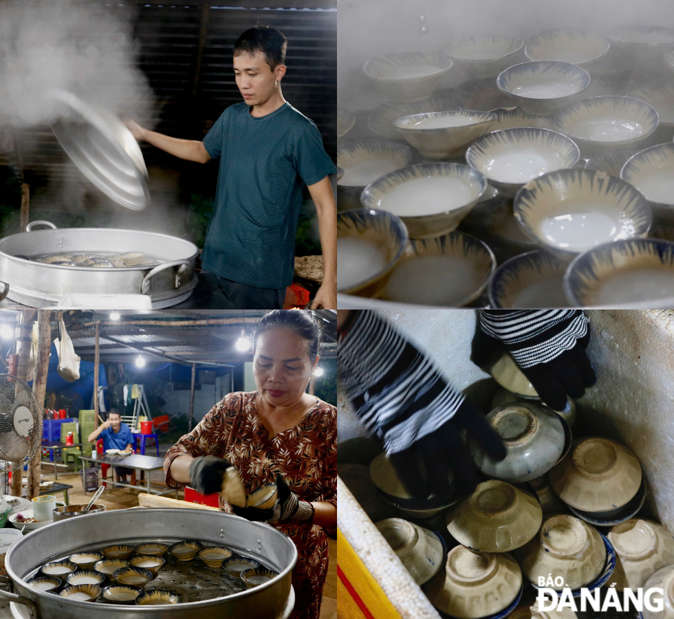 The dish is served hot, straight from the steamer, with two topping options: wet toppings (pork, shrimp, mushrooms) or dry toppings (dried shrimp floss and scallions), accompanied by a spicy fish sauce.