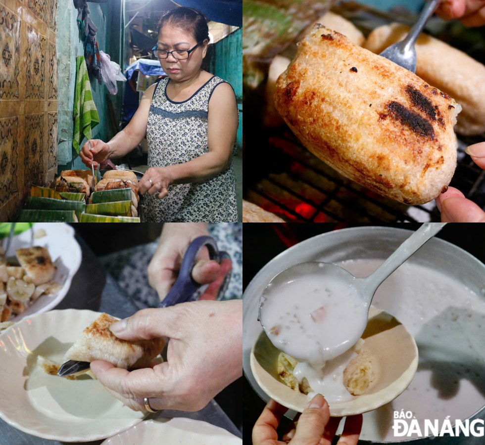 Grilled banana in sticky rice with coconut sauce requires careful attention while roasting to achieve the perfect flavour. Once ready, the banana in sticky rice is sliced and topped with warm coconut milk and a sprinkle of roasted peanuts.