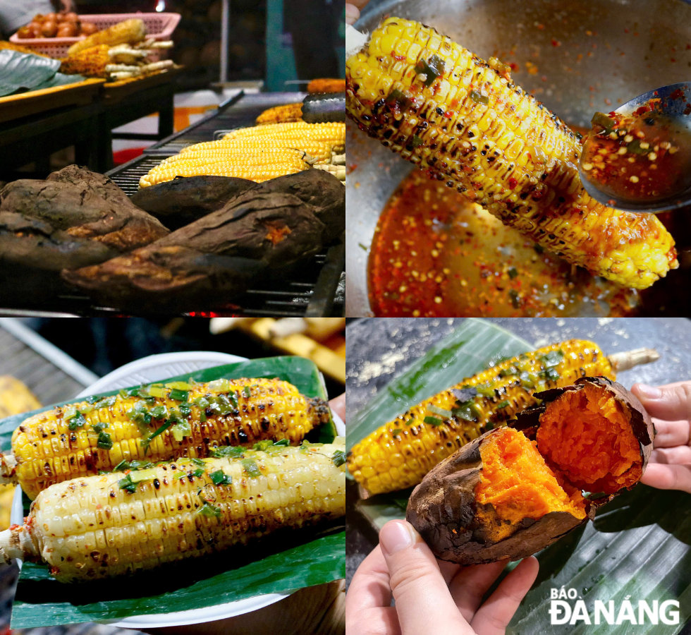 Grilled corn comes in two varieties—sweetcorn or sticky corn—coated with butter, scallion oil, chili fish sauce, and roasted over charcoal for a smoky, flavorful finish. The soft, caramelized sweet potatoes and aromatic grilled corn are perfect companions for a cold day.