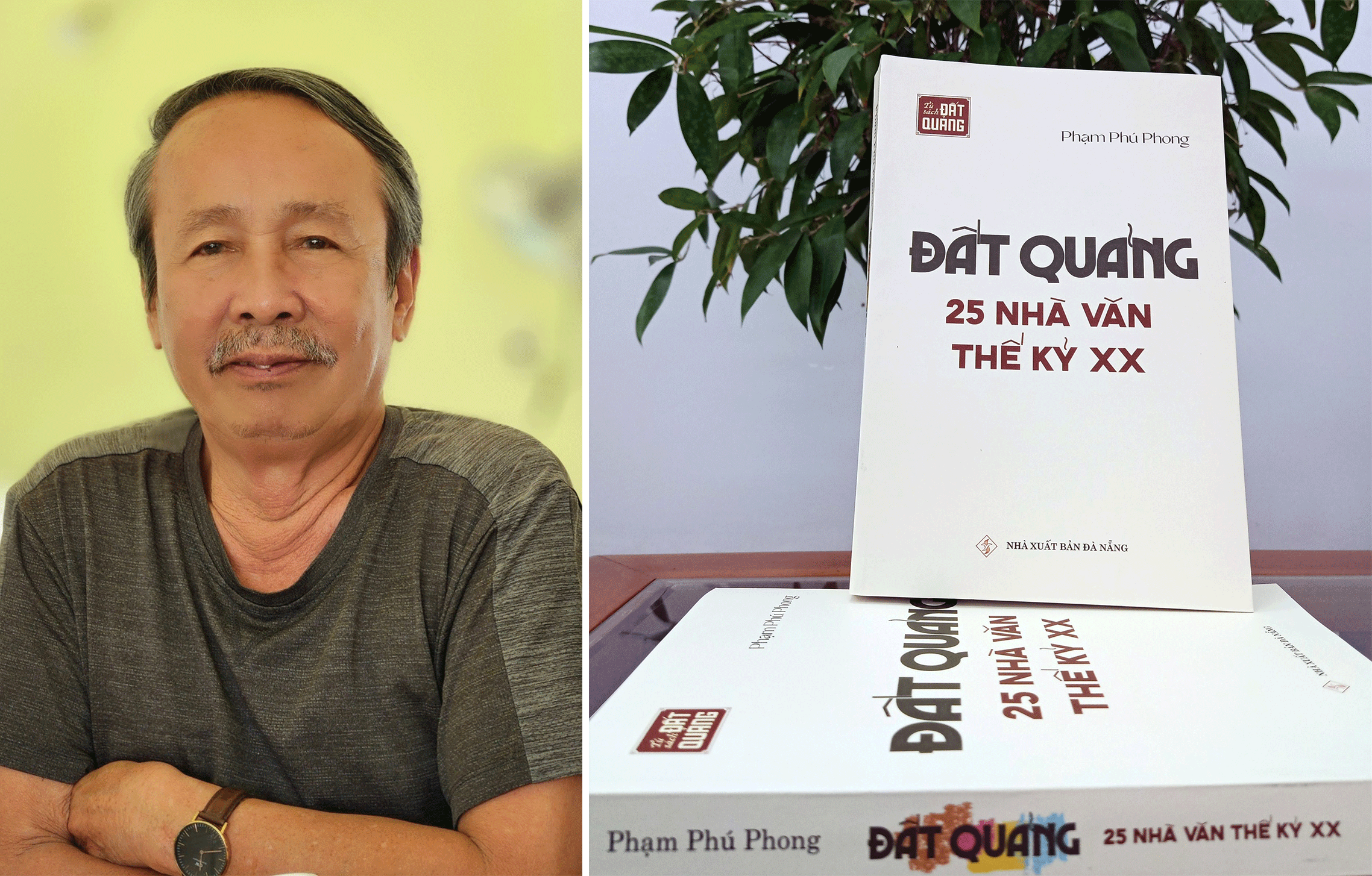 Author Pham Phu Phong (left) and his book Dat Quang - 25 Writers of the 20th Century offer a detailed portrayal of the personalities and writing styles of literary figures in Quang region. Photo: ANH QUAN