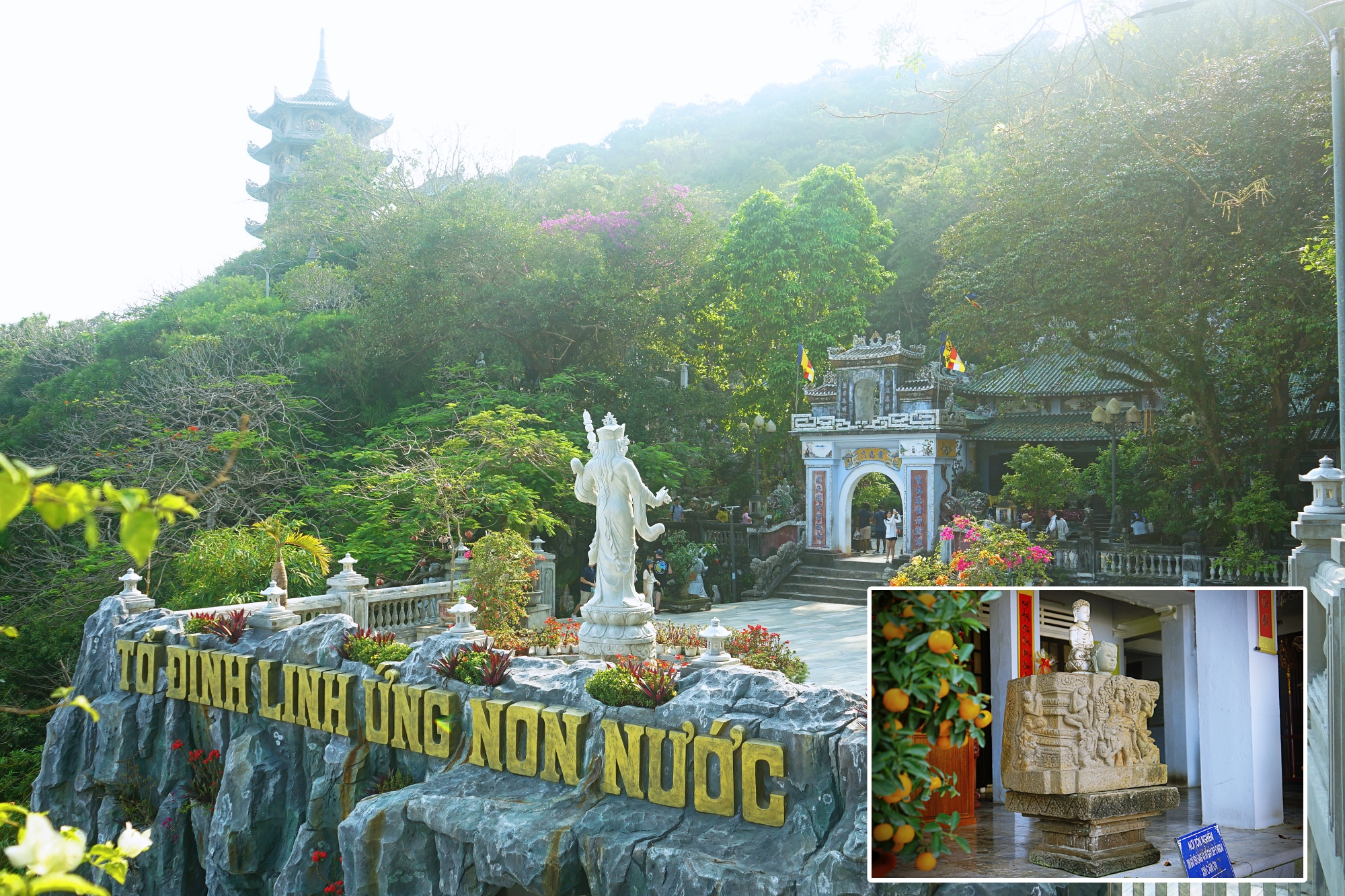 Một góc danh thắng Ngũ Hành Sơn và Đài thờ theo phong cách Đồng Dương được phát hiện trong động Tàng Chơn (ảnh nhỏ). Ảnh: L.V